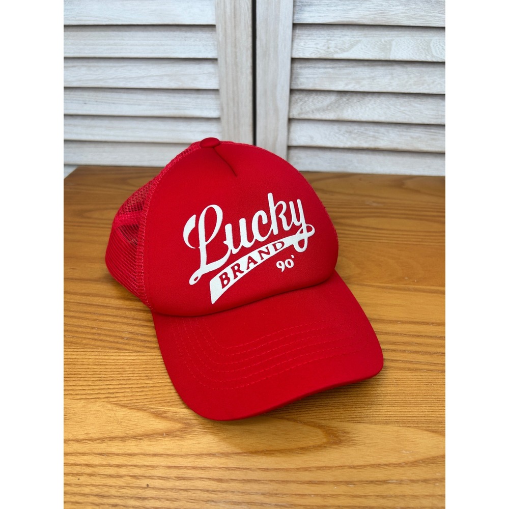 Lucky Brand Trucker Hat OS Red Women Graphic Logo Snapback Mesh Cap